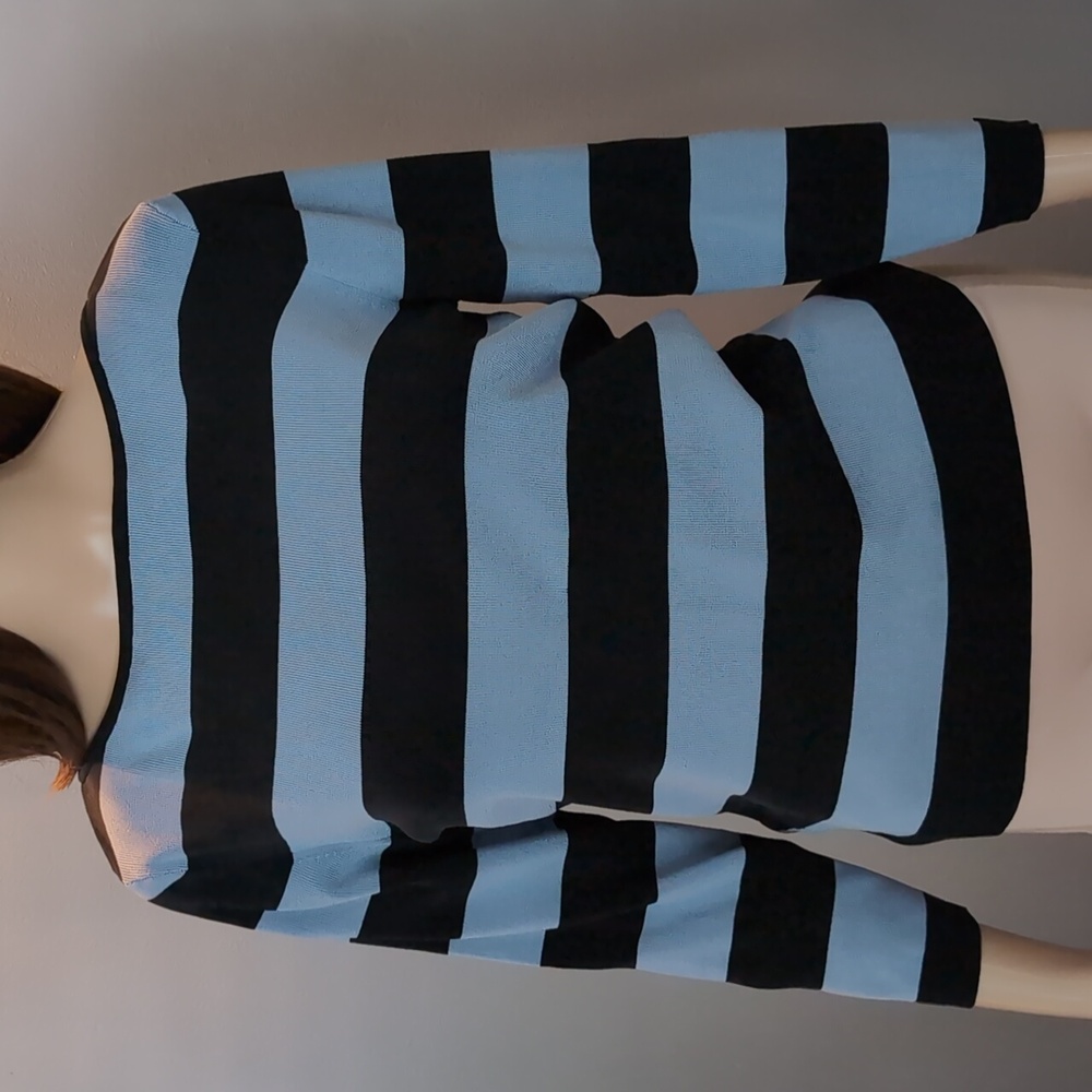 DANA BUCHMAN SILK sweater. Black/blue striped knit. Medium. SAKS 5TH Ave.